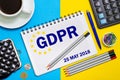 Notebook with Notes General Data Protection Regulation ,the GDPR with the office tools . Concept GDPR may 25, 2018