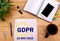 Notebook with Notes General Data Protection Regulation ,the GDPR with the office tools . Concept GDPR may 25, 2018. Royalty Free Stock Photo