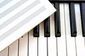 A notebook for notes lies on the black and white piano keys learning music sheet music playing the synthesizer Royalty Free Stock Photo