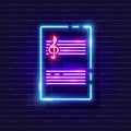 Notebook for notes neon icon. Music staff glowing sign. Music concept. Vector illustration for Sound recording studio design, Royalty Free Stock Photo