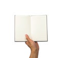 Notebook on one hand holding, with clipping path