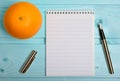 Notebook with orange fruit and pen Royalty Free Stock Photo
