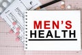 Notebook page with text MEN`S HEALTH on a table with a pills and pencil, top view