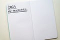 Notebook page, with text ` 2023 priorities`. Royalty Free Stock Photo