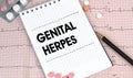 Notebook page with words - GENITAL HERPES nearby with a pills and pencil, medical concept