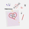 Notebook paper with heart drawing and I love you text next to desk items Royalty Free Stock Photo