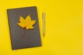 A notebook with a pen and an autumn yellow maple leaf Royalty Free Stock Photo