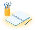 The notebook, pen and desktop organizer. Flat vector isometric i Royalty Free Stock Photo