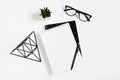 Notebook, pen, eye glasses, plant on a white background. Flat lay, top view, copy space Royalty Free Stock Photo