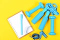 Notebook, pen and gym equipment top view on yellow background Royalty Free Stock Photo