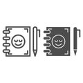 Notebook and pen line and glyph icon. Notepad with smiley vector illustration isolated on white. Study outline style