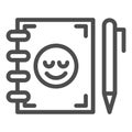 Notebook and pen line icon. Notepad with smiley vector illustration isolated on white. Study outline style design