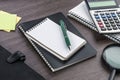 Notebook, pen and Magnifier with Calculator on the desk Royalty Free Stock Photo