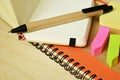 Notebook, pen and stickers Royalty Free Stock Photo