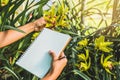 Notebook with pen for writing note postcard.on the background of yellow orchids