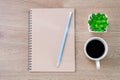 Notebook, pencil, Coffee cup and plastic cactus on wooden table background at coffee shop Royalty Free Stock Photo