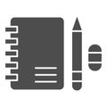 Notebook with pencil and eraser solid icon, Education concept, Notepad and pencil sign on white background, Education