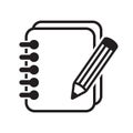 Notebook and pencil icon. Icon of notes. Notepad vector sign.