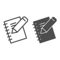 Notebook and pencil line and solid icon. Exercise book, sheet of pocketbook with wooden stick. School vector design