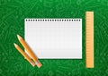 Notebook with pencil and liner in realistic style on green background with school doodle illustrations. Vector illustration design Royalty Free Stock Photo