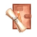 Notebook with pencil and papyrus scroll. Composition with old parchment sheet and diary for writing. Hand drawn Royalty Free Stock Photo