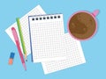 Notebook with pencil, pen and eraser on the table next to a cup of coffee. Top view with place for text. Vector Royalty Free Stock Photo