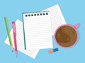 Notebook with pencil, pen and eraser on the table next to a cup of coffee. Top view with place for text. Vector Royalty Free Stock Photo