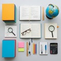 Notebook, pencils, ruler, compass, sticky notes, and eyeglasses Royalty Free Stock Photo