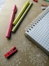 notebook, pens, pencils, ruler on the table Royalty Free Stock Photo