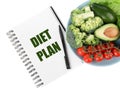 Notebook with phrase Diet Plan and different products on white background, top view