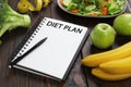 Notebook with phrase Diet Plan, measuring tape and different products on wooden table. Weight loss concept