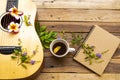 Notebook planner ,hot coffee and guitar of lifestyle woman relax summer