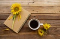 Notebook planner with hot coffee, sunflowers arrangement flat lay style