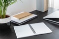 Notebook, plant and laptop on black desk Royalty Free Stock Photo