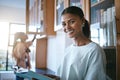 Notebook, reading and portrait of student in the library at university. Studying, education and young girl from India at Royalty Free Stock Photo