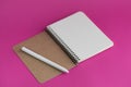 Top view of open notebook with fountain pen on pink background Royalty Free Stock Photo