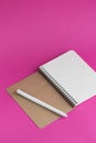 Top view of open notebook with fountain pen on pink background Royalty Free Stock Photo