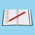 Notebook red pencil with tick illustration isolated Royalty Free Stock Photo