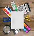 Notebook and school tools around. Royalty Free Stock Photo