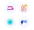 Notebook service, Resume document and Sunny weather icons set. Quickstart guide sign. Vector