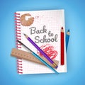 Notebook sheet and school supplies on colorful bright background, stationery postcard back to school. Vector illustration Royalty Free Stock Photo
