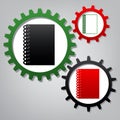 Notebook simple sign. Vector. Three connected gears with icons a