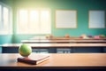 Notebook and small globe globe on classroom desk, back to school. Generative ai