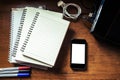 Notebook, smartphone, laptop,marker pen and gadget on antique wooden table