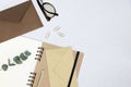 Notebook, spectacles, envelopes, golden pencil, paper clips, eucalyptus branch on the white background