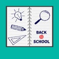 Notebook spiral blank lined paper. Magnifer, pencil, light bulb, ruller. Flat design. Back to school