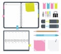 Notebook with stickers, calendar, paper clips, markers, pen and pencil. Set elements in flat design Royalty Free Stock Photo