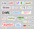 Notebook stickers. Lettering for weekly or daily planner, dairy cute labels, design elements doodle collection, hand drawn Royalty Free Stock Photo