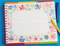 Notebook-style decorative school frame with spiral binding and doodle border. for educational designs Royalty Free Stock Photo
