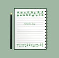 Notebook with template hand-drawn Green festive bunting with clover and pencil. Irish holiday - Happy St. Patrick`s Day